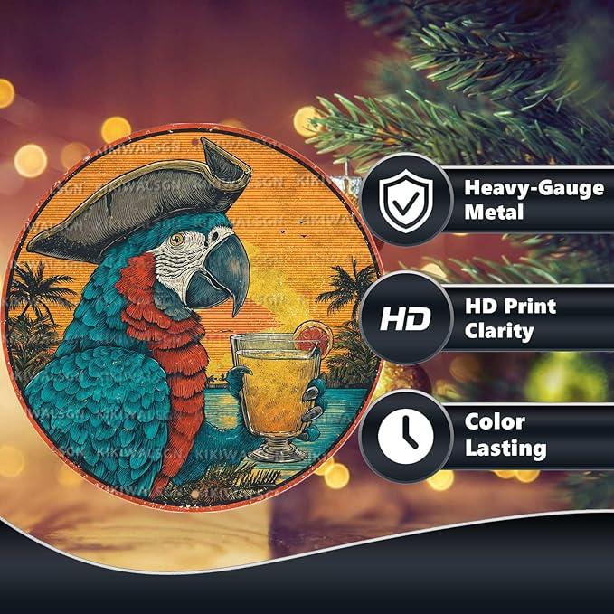 Vintage Parrot Round Metal Sign Retro Beach Tin Sign Nostalgic Rustic Wall Decor Kitchen Bar Man cave Living Room Bedroom Garage Bathroom 12 * 12 In