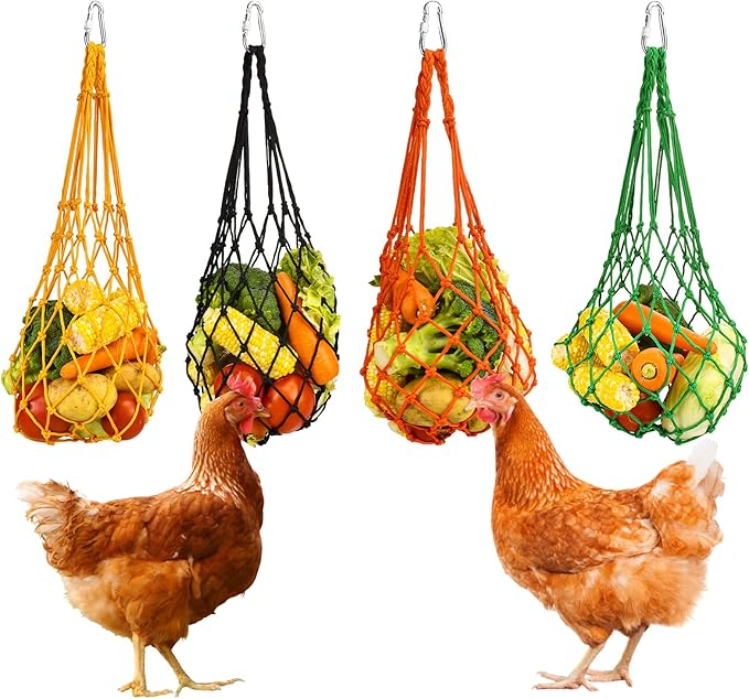 4Pcs Chicken Vegetable String Bag Poultry Fruit Holder Chicken Cabbage Feeder Treat Feeding Tool with Hook for Hens Chicken Coop Toy for Hen Goose Duck