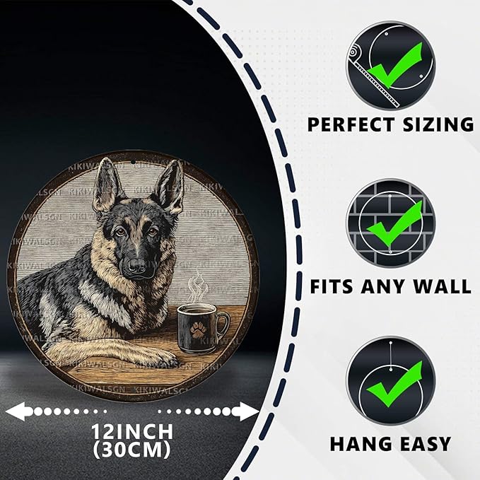 Vintage German Shepherd Dog Round Metal Sign Retro Coffee Tin Sign Nostalgic Dog Lovers Wall Decor Decorations for Home Bedroom Living Room Cafe Bar Man cave Office 12 * 12 In