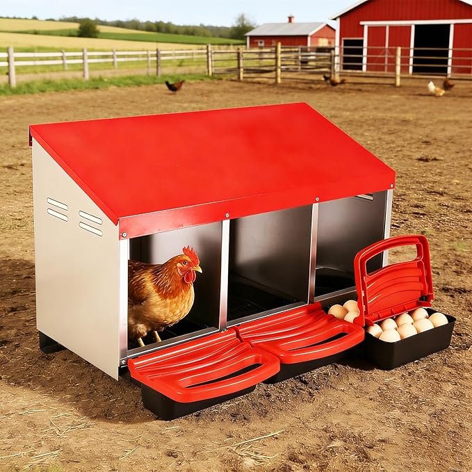 3-in-1 Roll Out Chicken Nesting Box with Removable Drawer – Green Metal Laying Nest for Hens, Easy Assemble, for Chicken Coop (Red)