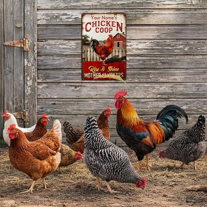 Custom Chicken Coop Sign Personalized Name Rise and Shine Funny Metal Tin Plaque Vintage Farm Decor Rooster Barn Wall Accessory