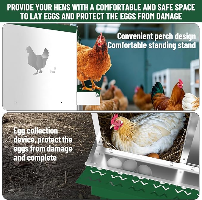 GarveeLife Nesting Boxes for Chickens, 8 Compartment Chicken Nesting Box with Metal Legs, Metal Chicken Laying Boxes with Perch, Secure Lid, Versatile Wall Mount or Free Standing for Hens, Green