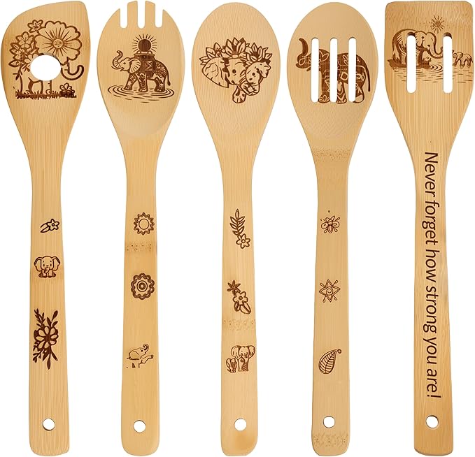 Elephant Gifts for Women 5 PCS Cartoon Wooden Spoons for Cooking Elephant Decor Cute Bamboo Spatula for Elephant Kitchen Accessories Engraved Spoon Kitchen Stuff for Women Mothers Day Gifts