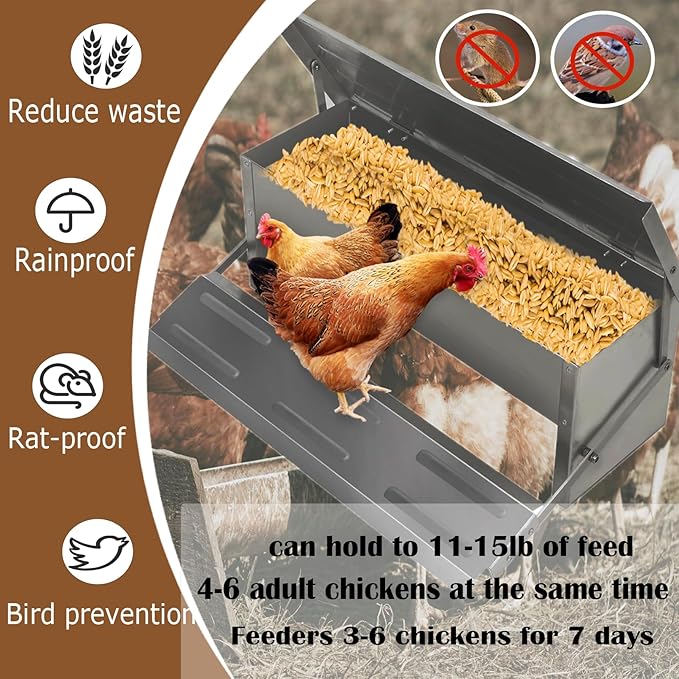kathson Automatic Treadle Chicken Feeder,11lbs Pedal Chicken Feeder Rat Proof Poultry Feeder with Rainproof Lid Stainless Steel Treadle Feeder for Chickens Pheasants Ducks