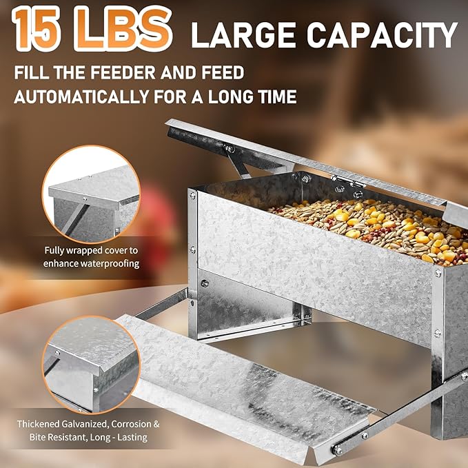Outvita Automatic Treadle Chicken Feeder, 15 Lbs No Waste No Spill Rodent Proof Metal Chicken Feeder with Weatherproof Lid, Chicken Supplies for Your Chickens Duck Bantams Pheasants Poultry Coop