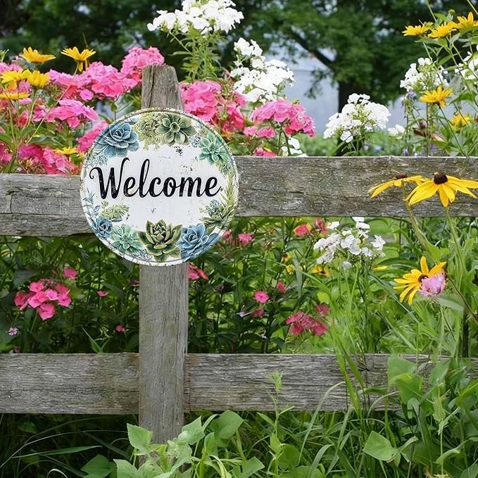 Round Welcome Wreath Aluminum Tin Sign Vintage Style Hanging Door Decor for Front Door Porch Entryway Outdoor Wall Art Decor 12x12inch