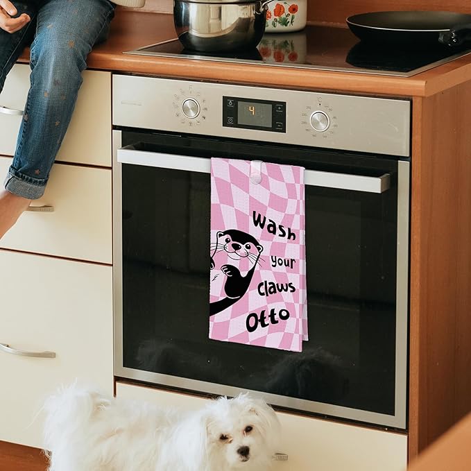 Cute Otter Pink Bathroom Kitchen Towels, Wash Your Claws Hand Towel for Girly Teens Room, Funny Gifts for Otter Lovers, Trendy Preppy Checkered Dish Towels Decor for Dorm Home 16x24in