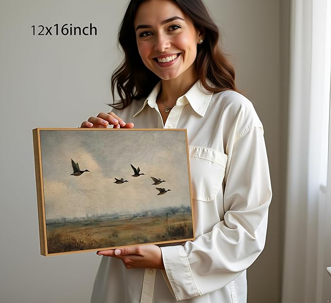 Framed Vintage Flying Duck Canvas Wall Art Wildlife Poster Print Natural Wilderness Picture Retro Wild Duck Painting Artwork Wall Decor for Bedroom Living Room Kitchen 12x16in