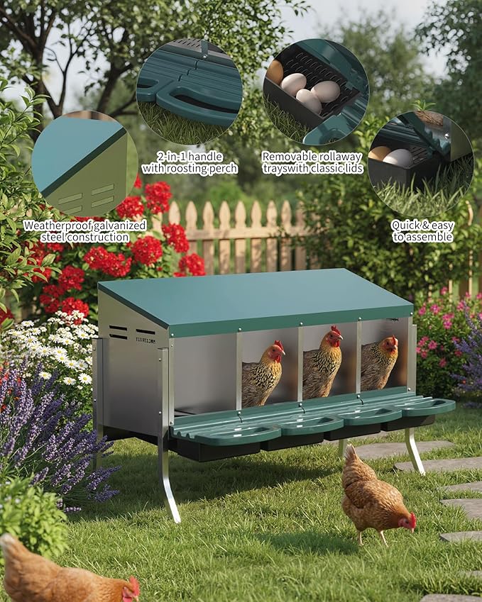 Chicken Nesting Boxes, 4 Hole Metal Rollaway Nest Box for Laying Hens with Cleanable Pull-Out Trays Wall Mount or Placed Design for Easy Egg Collection & Cleaning(Includes Legs)