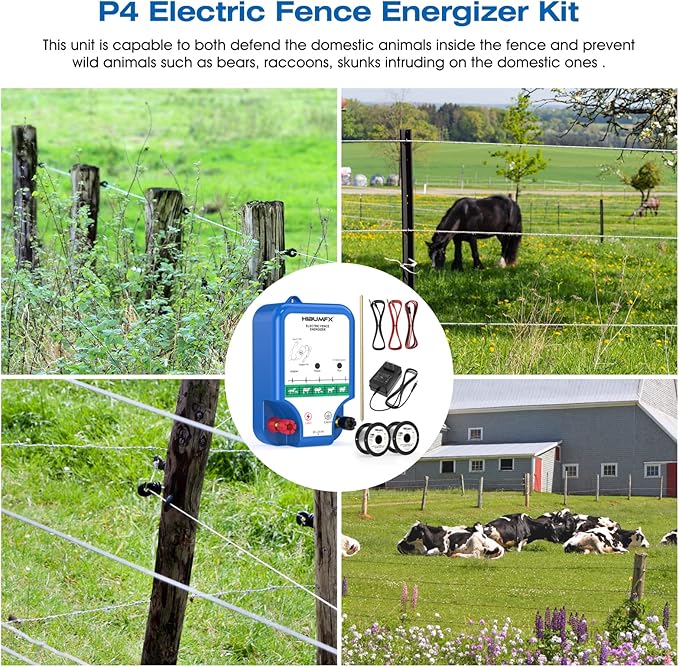 P4 Plus Electric Fence Energizer Plus Copper Ground Rod and Spool Aluminum Wire for Containing Dogs, Livestock and Preventing Wild Animals Intruding (P4 Plus Electric Fence Energizer Kit)