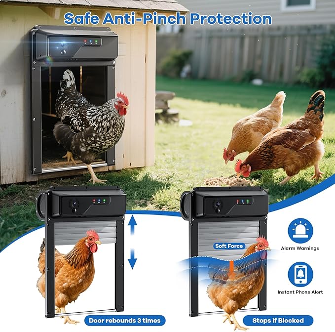 WiFi Automatic Chicken Coop Door with Camera, APP Remote Control, Smart Solar Powered Auto Chicken Door Opener with Timer, Night Vision, Anti-Pinch Safety, Smart Alerts, Space-Saving Roll-Up Design