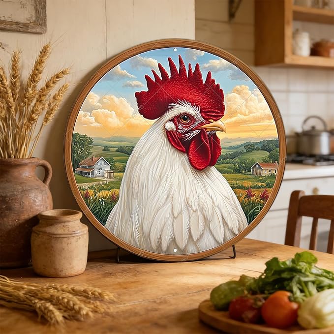 Vintage Chicken Tin Sign Rustic Round Metal Plaque For Farmhouse Porch Outdoor Wall Art Whimsical Yard Decor And Garden Patio Hanging 8 Inch
