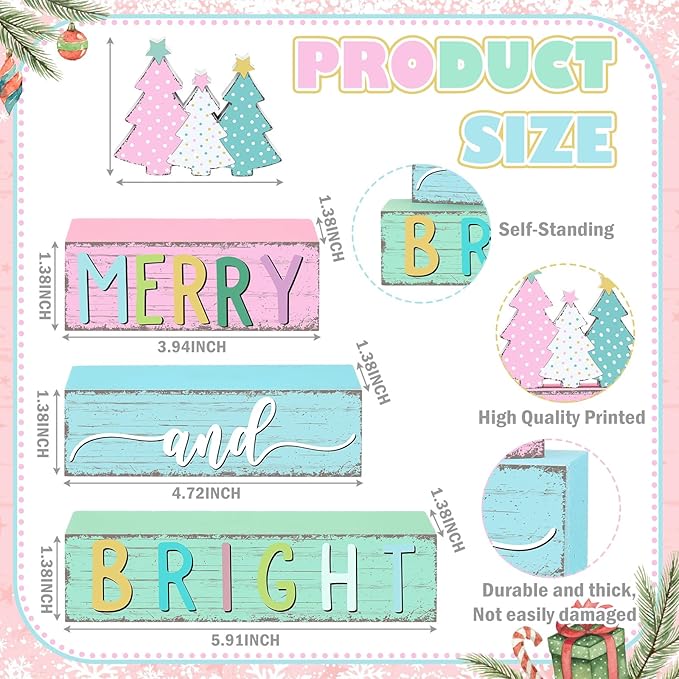 Geelin 4 Pcs Christmas Tree Table Sign Pastel Candy Color Wooden Decorations Xmas Tree Tiered Tray Decor Christmas Centerpieces Pastel Wooden Block Set Xmas Table Sign for Home