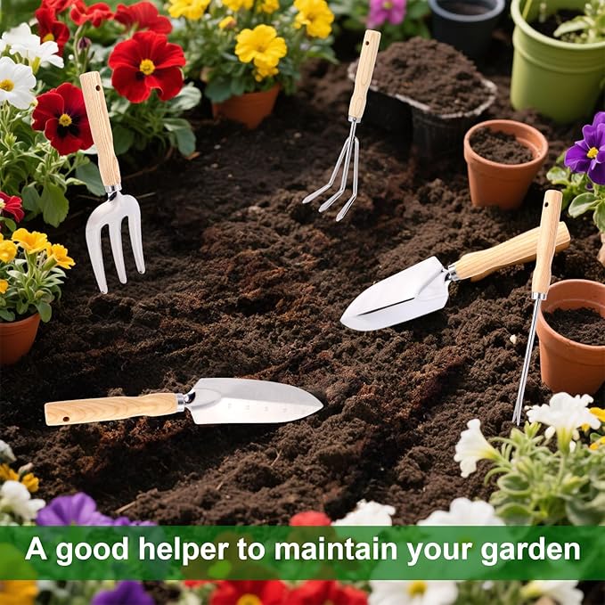Heavy Duty Garden Tool Set, Gardening Hand Tools with Wooden Handle Stainless Steel Material Latex Gloves Gardening Gifts for Garden Enthusiasts