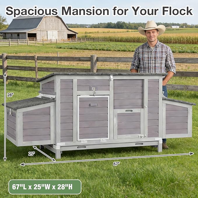 Chicken Coop with Nesting Box & Pull-Out Tray, Outdoor Hen House with UV-Resistant Roof, Leakproof Design & Spacious Run, for Poultry, Chickens, Rabbits (67" L x 25" W x 28" H)