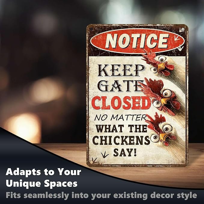 Funny Chicken Metal Sign Chicken Coop Metal Decor Keep Gate Closed Tin Signs Vintage Poster Wall Decor For Home Farmhouse Farm Poultry House Yard Fence Kitchen Outdoor 16 * 12 In