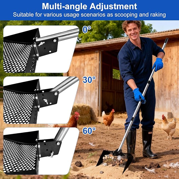 Large 12-Inch 2-in-1 Chicken Poop Scooper & Rake with Handle, Heavy-Duty Metal Chicken Coop Scoop for Sand(35-68"), Chicken Coop Rake Cleaning Tools, Sifting Shovel Goat, Chicken Cleaning Tools