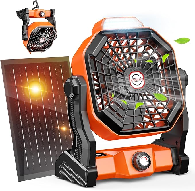 Drchop Solar Camping Fan, 【Max 60H Runtime】 10W Solar Powered Fans with Solar Panel, Rechargeable Fan & Led Lantern, Battery Operated Powered Outdoor Tent Fans for Camping Summer Essentials (Orange)