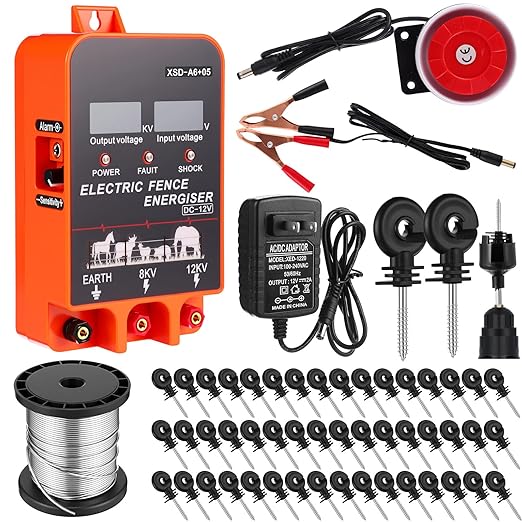 5.5J Electric Fence Charger with Digital Display & Alarm, AC/DC Dual Power, 12V Input 8KV/12KV Output, 250ft Aluminum Wire 50 Insulators & Socket Tool for Animal Control Predator Deterrent