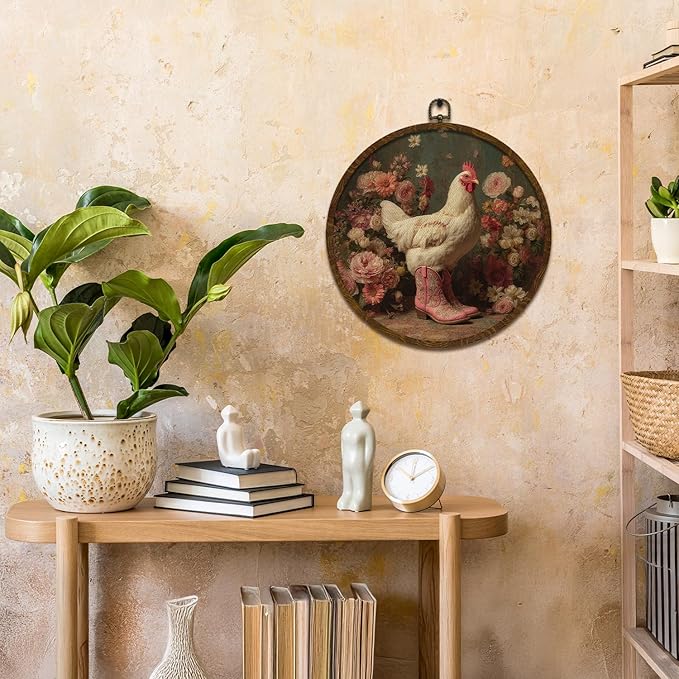 KLYTINK Whimsical Chicken Round Wall Art,Retro Floral Canvas Hanging Decor with Pink Cowboy Boots, Funny Farmhouse Animal Print for Kitchen, Entryway or Gift 10x10in (BY0636)
