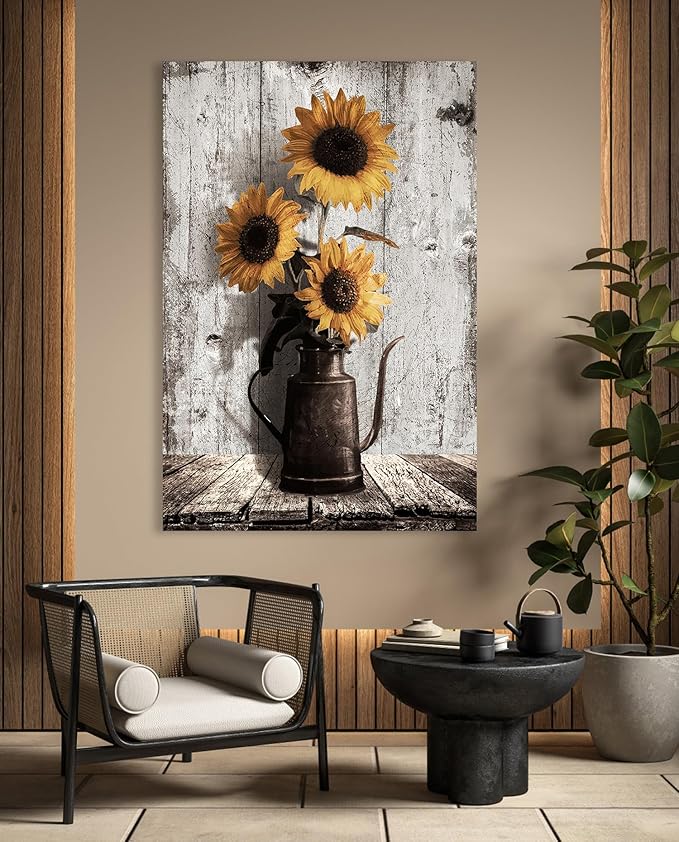Sunflower Paintings Farmhouse Wall Art: Yellow Sunflowers Canvas Wall Art for Kitchen,Large Floral Pictures Vintage Art Prints Rustic Country Wall Hanging Decor for Bedroom Bathroom 24x36 Inches