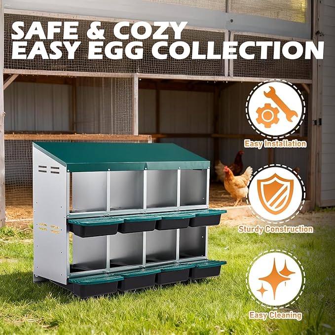 Metal Chicken Nesting Box, 6 Compartments Wall Mount Hen Laying Box with Roll Away Egg Collection & Swing Perch for Chicken Coop (Green)