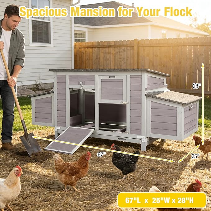 Aivituvin Large Wooden Chicken Coop, Double Nesting Boxes, Waterproof Asphalt Roof, Stainless Steel Hardware, Pull-Out Tray, Secure Poultry House for 2–4 Chickens