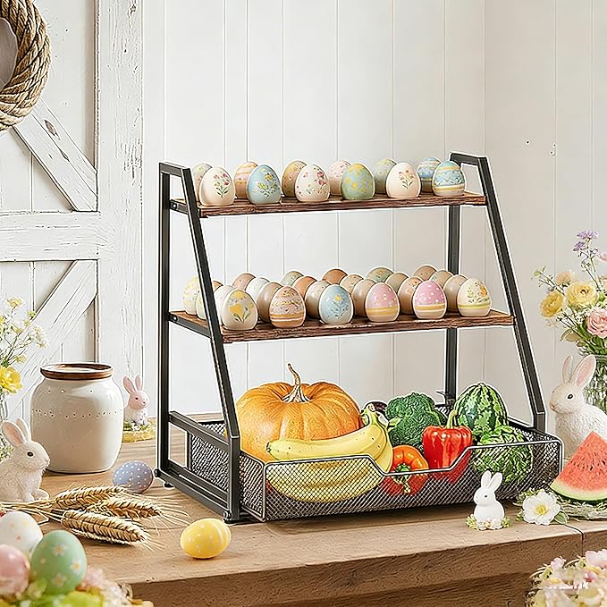 3-Tier Wooden Fresh Egg Holder Countertop With Basket for 36+90 Eggs, Wooden Egg Holder Countertop with Carry Handle for Gathering 150+ Eggs, Duck, and Quail Eggs