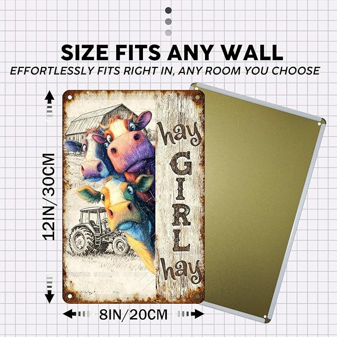 Vintage Cow Tin Sign Hay Girl Hay Retro Metal Poster Rustic Nostalgic Metal Sign Wall Decor For Home Farmhouse Farm Room Cafe Bedroom Office Living Room Man cave 12 * 8In