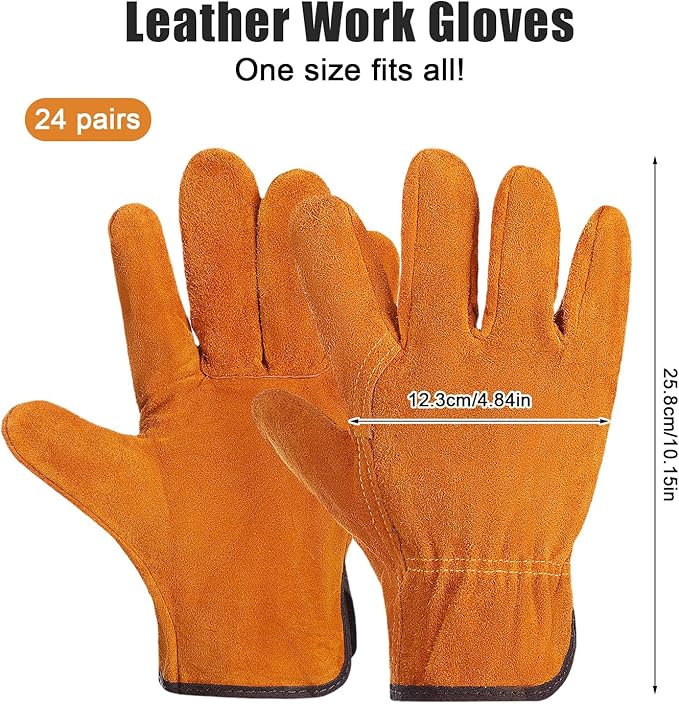 12 Pairs Leather Work Gloves Cowhide Leather Gardening Gloves with Reinforced Palm and Elastic Band, Thick Leathers Glove for Men Women Construction, Wood Cutting, Driving, Automotive Repair (Yellow)