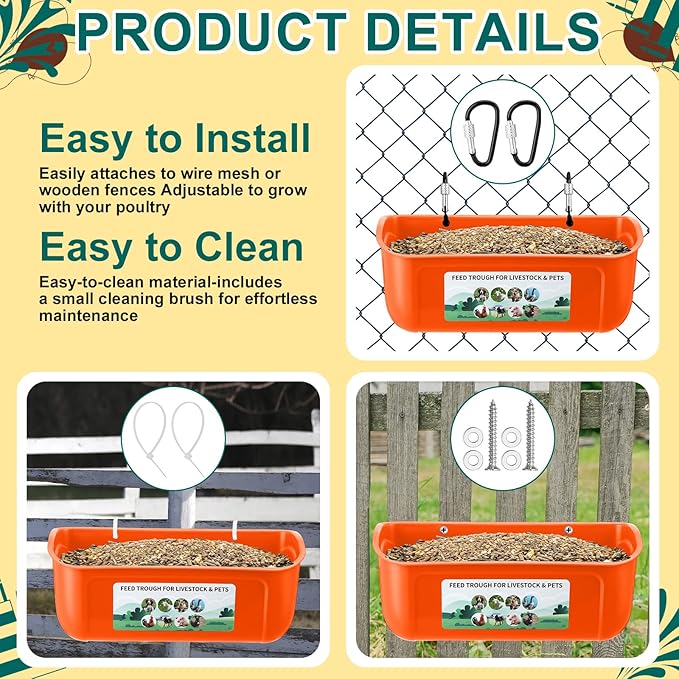 9 Pack Chicken Duck Feeder Waterer Hanging Goat Feeder Trough 2.5 Quart Livestock Feeding Trough with Scoop & Brush for Pig, Poultry, Fence Feeding, 22.5 Quart Total (White, Orange, Black)