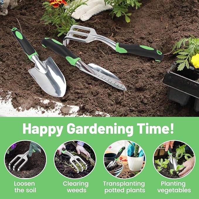 Garden Tool Set, 3 Pack Heavy Duty Gardening Hand Tools with Non-Slip Rubber Handles, Aluminum Alloy Gardening Tool Include Garden Shovel, Transplant Trowel and Hand Rake