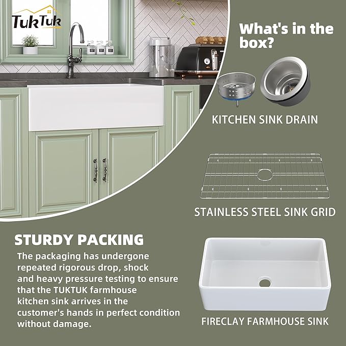 TUKTUK White Farmhouse Sink 33X20 Fireclay Farm Sink for Kitchen Apron Undermount Kitchen Sink Single Bowl Big Capacity Deep Drop-in Modern Kitchen Sink with Luxury Bottom Grid & Strainer Drain
