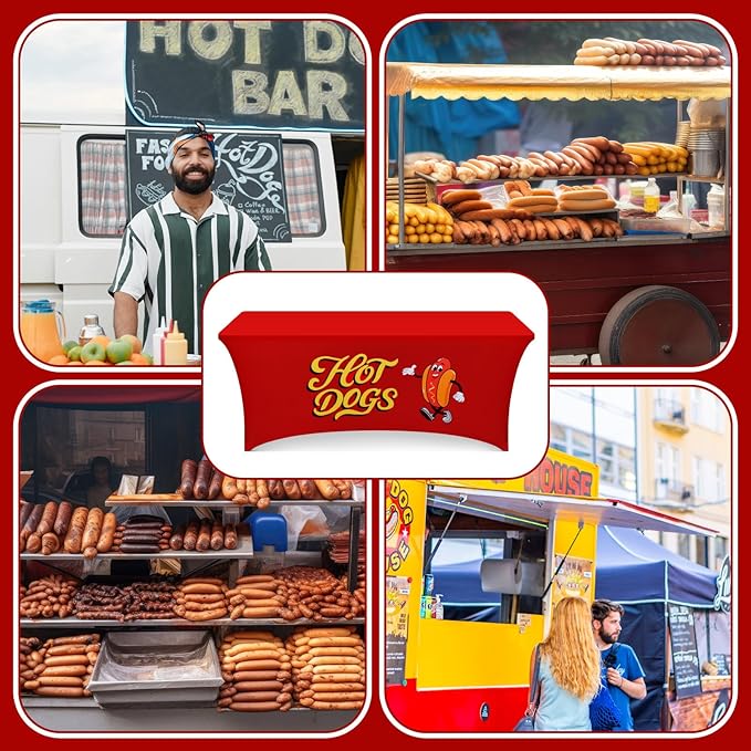 Oudain 6 ft Hot Dogs Tablecloth Stretch Spandex Hotdogs Table Cloth Cover Rectangle Table Hotdog Party Decorations for Sausage Food Hot Dog Concession Stand Supplies