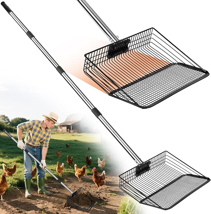 Chicken Poop Scooper - Stainless Steel Sifter Shovel 10 Inch Wide, 4-in-1 Detachable Tool 63 Inch Adjustable Metal Non-Slip Ergonomic Handle Heavy Duty Clog-Free Mesh Coop Scoop Cleaning Supplies