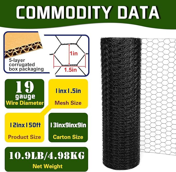 Premium Black Chicken Wire Fencing12inx150ft, PVC Coated Chicken Wire, Poultry Netting, Galvanized Chicken Wire Barrier for Floral Arrangements/Craft Projects/Pet/Rabbit