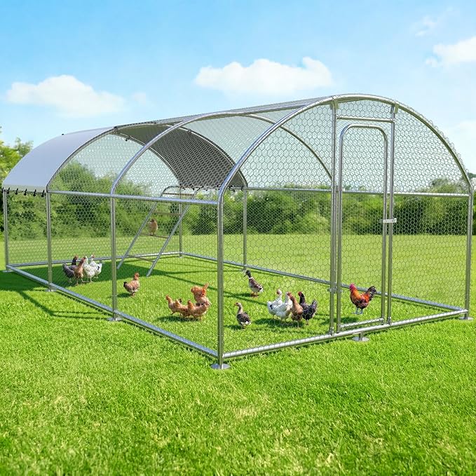 Large Metal Chicken Coop with Weatherproof Canopy for Farm and Backyard Animals Including Chickens, Ducks, and Rabbits (10’ W x 19.7’ L x 6.4’ H, Dome Roof-Roosting Perch)