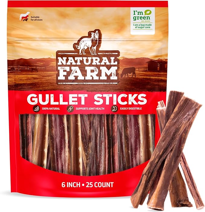 Natural Farm Gullet Sticks (6 Inch, 25 Pack), Grain-Free, Preservative-Free & Fully Digestible Beef Esophagus – Gentle Yet Effective Fun - Best for Light, Pups & Senior Chewers