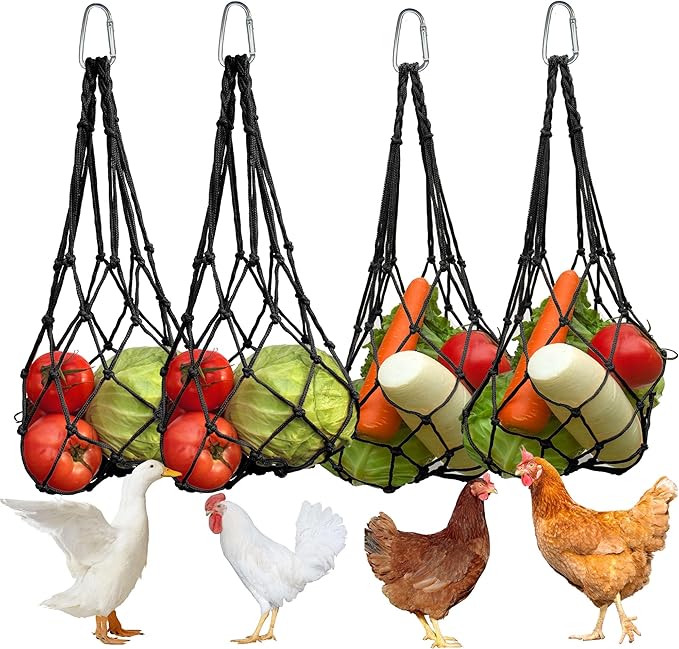Chicken Vegetable Fruit Hanging Feeder 4Pcs, Reusable String Bag with Hook for Chicken Coop Toys, Poultry Feeding Tool for Hens,Duck,Goose(Black)