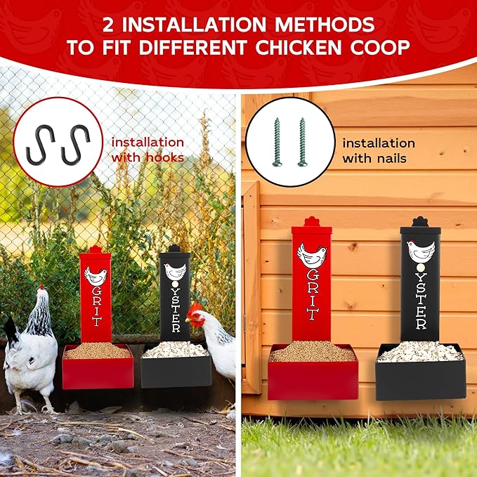 Metal Chicken Grit Feeder and Oyster Shell Feeder Combo, Hanging Gravity Poultry Feeders with Drain Holes, 4.5lb Capacity, Coop Accessories Supplies for Chickens, Ducks, Geese