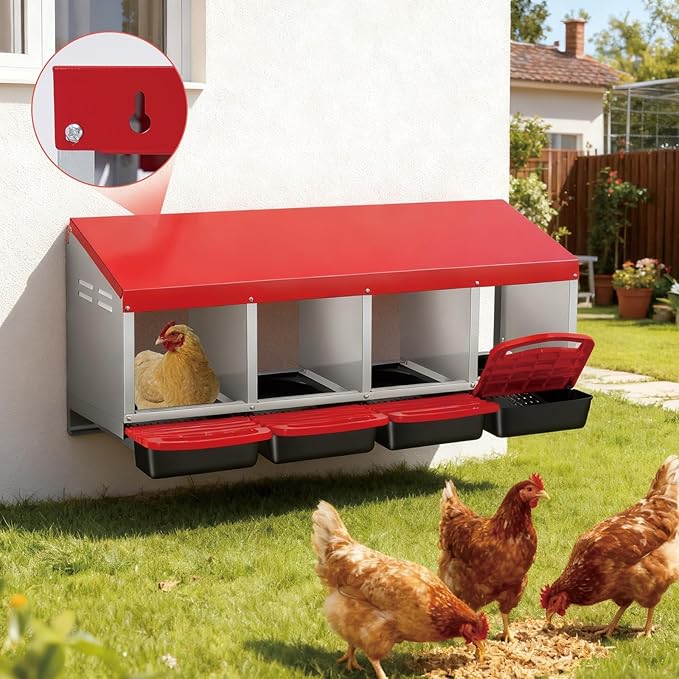 4 Compartment Metal Chicken Nesting Box, Automatic Roll-Out Egg Collection, Waterproof Galvanized Steel Laying Box with Perch & Wall Mount, for Hens Ducks Rabbits