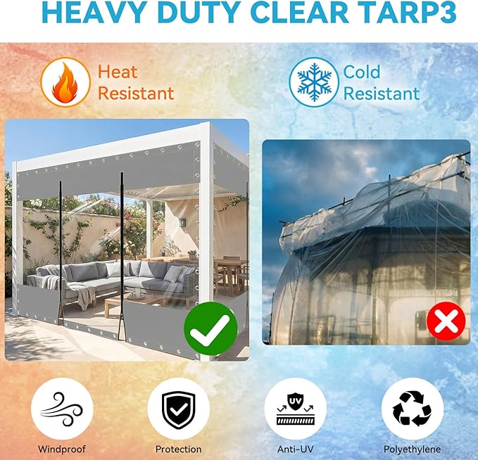 7(H) x 10(W) ft Clear Vinyl Curtains with Zippered Entry,21.16oz Heavy Duty Waterproof and Tear-Resistant Tarpaulin with Grommets,19.69 MIL Grey Transparent Tarp for Patio Gazebo Balcony Porch Pergola