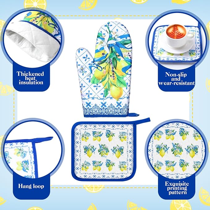 10 Pcs Kitchen Dish Towels Rugs Oven Mitts and Pot Holders Kit Farmhouse Kitchen Decor Set Gloves Vintage Potholders for Baking Cooking Chef(Blue, White, Lemon)