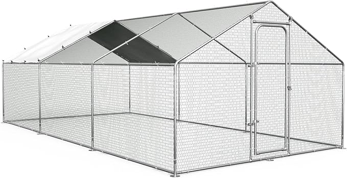 ORANLAND Large Metal Chicken Coop, Spire Chicken Runs for Yard with Cover, Walk in Chicken Coop with Security Lock and Waterproof Cover for Outdoor Farm Use