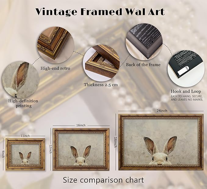 Vintage Gold Framed Wall Art Bunny canvas wall decor Easter Bunny Painting Prints Funny Rabbit Ears Picture Poster Retro Animals Artwork for Easter Decor Kids Room Home Living Bedroom 16x24in