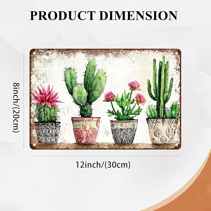 Four basins Cactus Metal tin Sign Watercolor Cactus Tin Sign Green Plant Wall Decor for Home Living Room Kitchen Garden Bedroom Office Hotel Cafe Decoration 8X12Inch