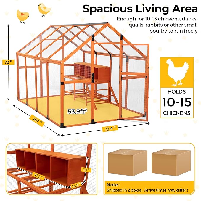 Extra Large Chicken Coop Run, Outdoor Wooden Chicken House Insulated with Waterproof Cover for Winter, 4 Nesting Boxes, Roosting Bars for 10-15 Chickens, Backyard, Farm, 9' x 6' x 6' (Orange)
