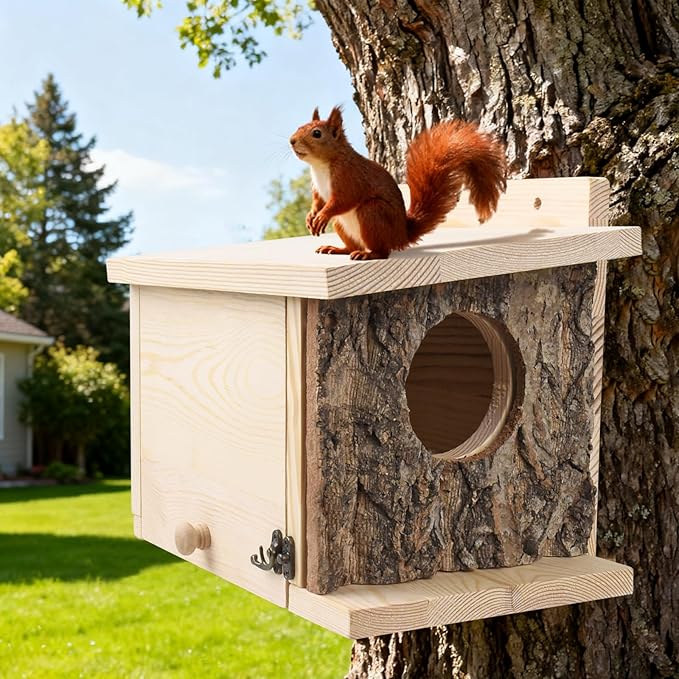 Squirrel Nesting Box - Easy Assembly Squirrel Houses for Outside Nesting, Wooden Nesting Box for Squirrels,Chipmunk,Bird and Small Animals