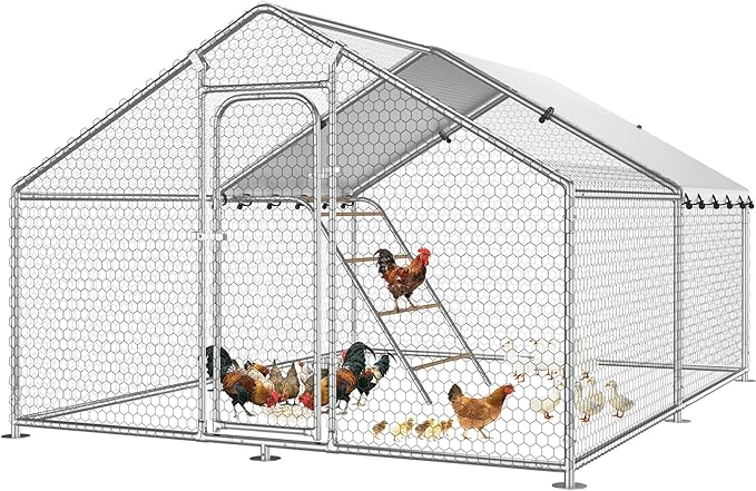 Large Metal Chicken Coop with Roosting Perch, Waterproof and UV-Resistant Cover, Outdoor Walk-in Cage Hen House for Yard Farm Rabbit Duck Chicken Run Spire Roof (10’ W x 13.2’ L x 6.4’ H)