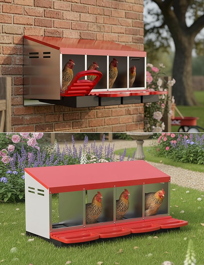 Chicken Nesting Boxes, 4 Hole Metal Rollaway Nest Box for Laying Hens with Cleanable Pull-Out Trays Wall Mount or Placed Design for Easy Egg Collection & Cleaning